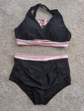 Women's NWOT Hanna Nikole Two Piece Black Patterned Bikini Sz. 16W